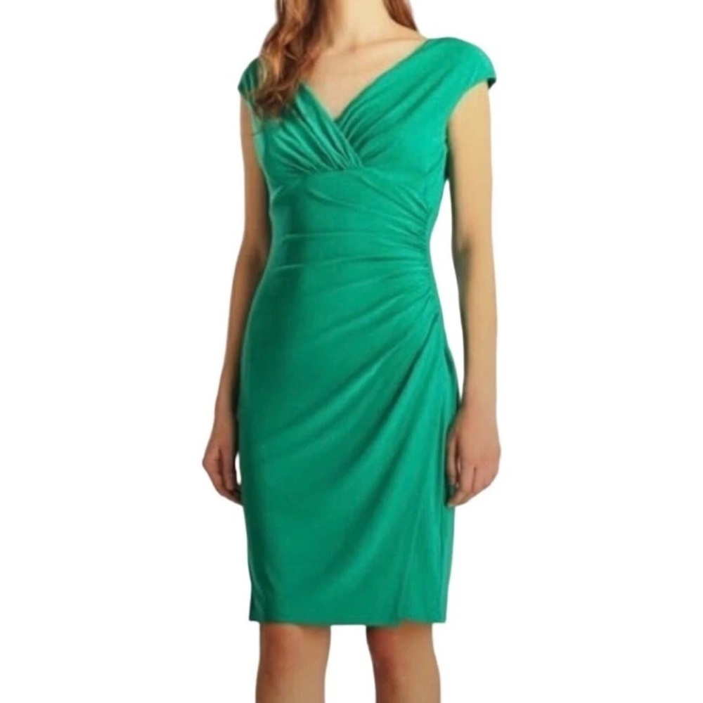 Lauren Ralph Lauren Emerald Green V-Neck Ruched Midi Dress 10